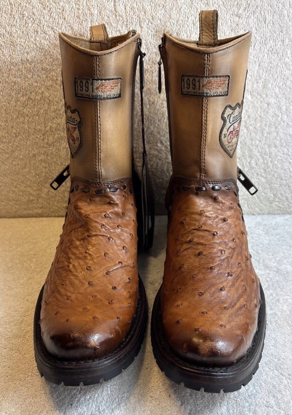 Cuadra brown Biker casual Ostrich leather zip ankle boots men Size 7 EE 79714